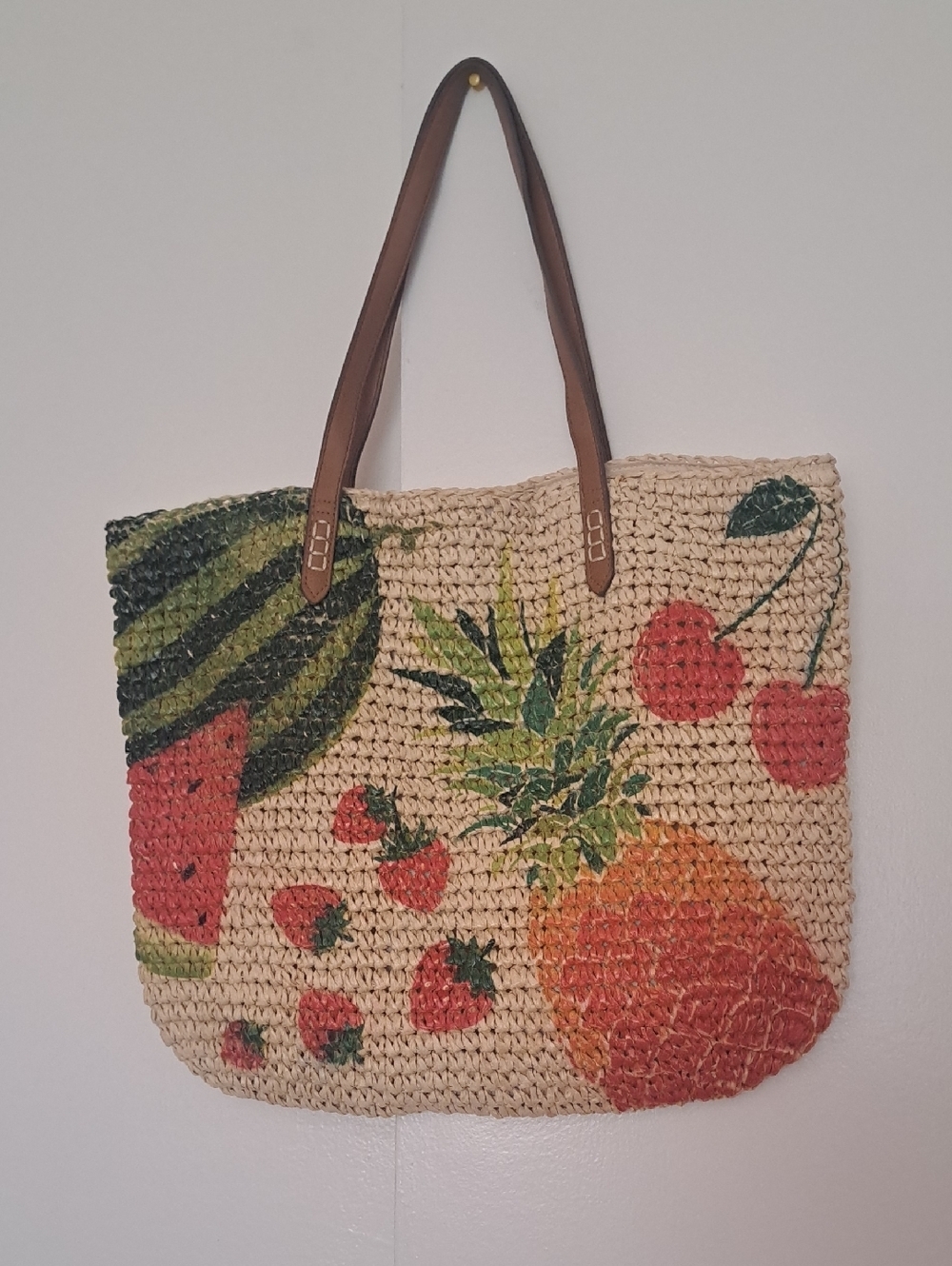 INC International Concepts Multicolor Straw Tote with Fruit Design